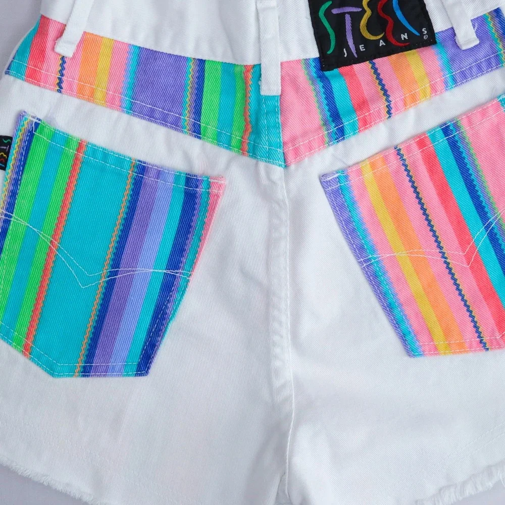 Vintage‎ 90s Steel Jeans Denim Shorts Womens 7 White Rainbow Stripe Fringe USA